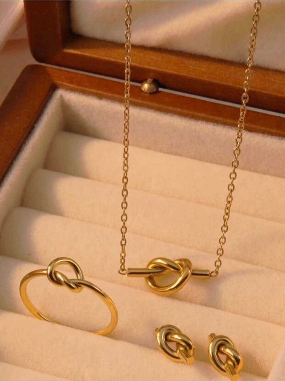 Gold Knot Necklace, Ring & Earring Set - Women Jewelry